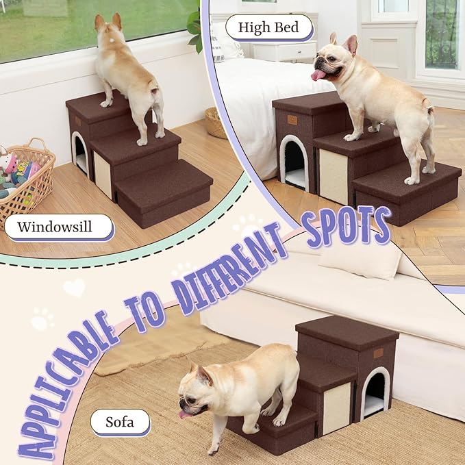 downluxe Dog Stairs for Small Dogs, Foldable Dog Steps for Bed, Sofa and Chair, Non-Slip Pet Steps with Cat Scratcher and Condo (3-Step Pet Stairs, Brown)