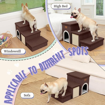 downluxe Dog Stairs for Small Dogs, Foldable Dog Steps for Bed, Sofa and Chair, Non-Slip Pet Steps with Cat Scratcher and Condo (3-Step Pet Stairs, Brown)