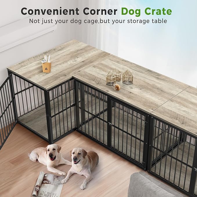 43'' L-Shaped Corner Dog Crate Furniture Large Breed with Double Rooms,Wooden Dog Crate End Table Indoor with Removable Divider for Small to Medium Dogs, Can Use Separately