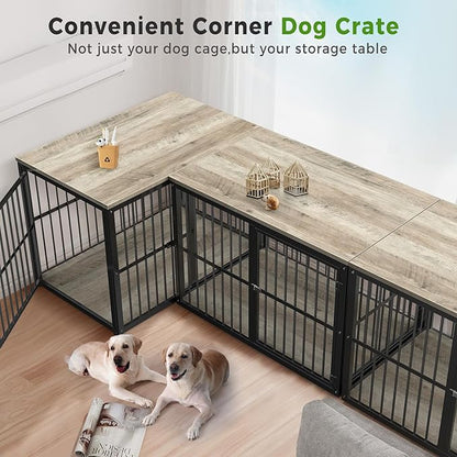 43'' L-Shaped Corner Dog Crate Furniture Large Breed with Double Rooms,Wooden Dog Crate End Table Indoor with Removable Divider for Small to Medium Dogs, Can Use Separately