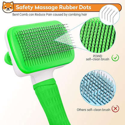 Dog & Cat Brush, Self Cleaning Slicker Brush for Pets, Upgraded Dog Brush for Shedding Massaging and Grooming, Removes Loose Undercoat & Portable Comb for Long Short Haired Dogs(Green)