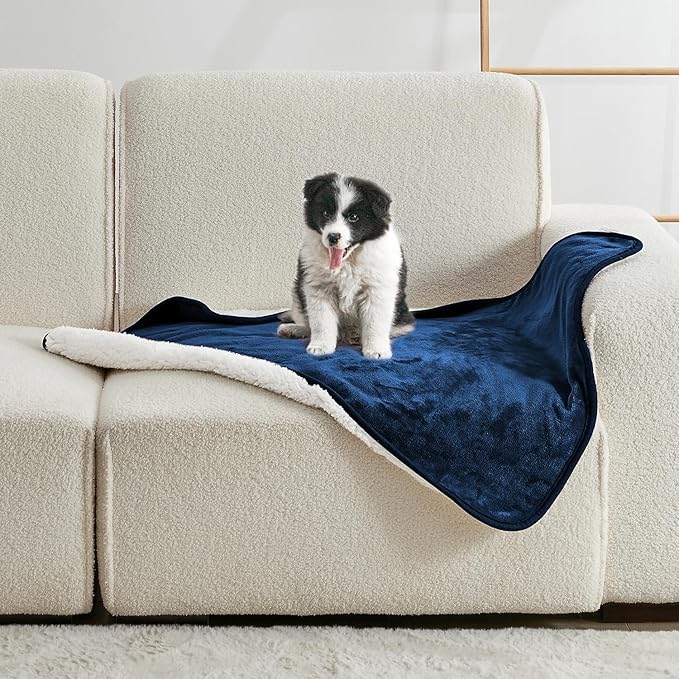 Waterproof Blanket for Bed Couch Sofa, Soft Liquid Pee Proof Pet Blanket for Dog Puppy Cat, Reversible Sherpa Fleece Blanket for Furniture Protector (Navy Blue, 30x40 inches)