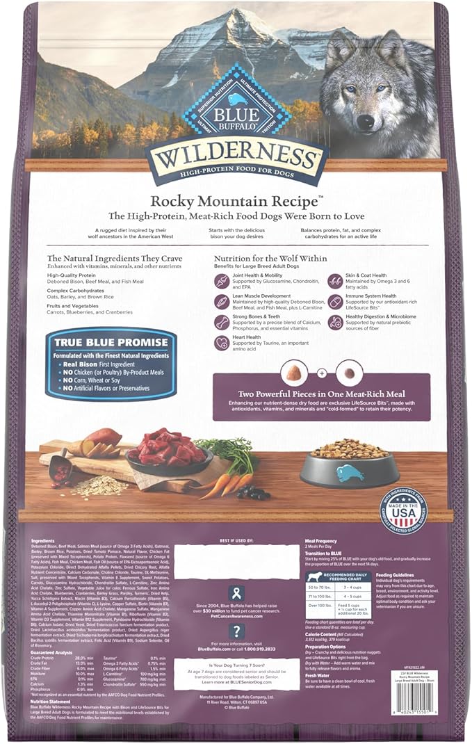 Blue Buffalo Wilderness Rocky Mountain Recipe High-Protein Large Breed Adult Dry Dog Food, Made in The USA with Natural Ingredients Plus Wholesome Grains, Bison, 22-lb. Bag