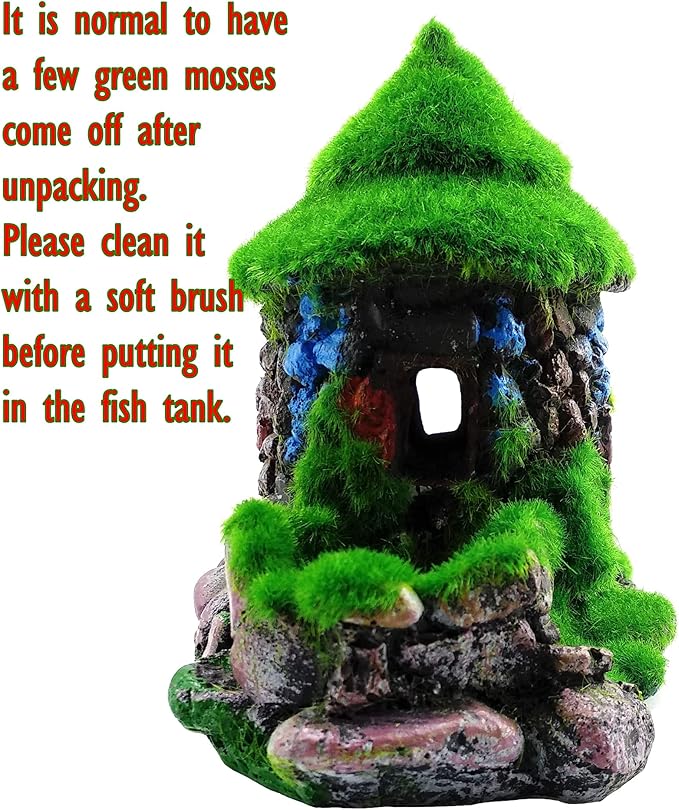 M2cbridge Aquarium Decorations Fish Hideout House Betta Cave with Green Lifelike Moss (Style 1)