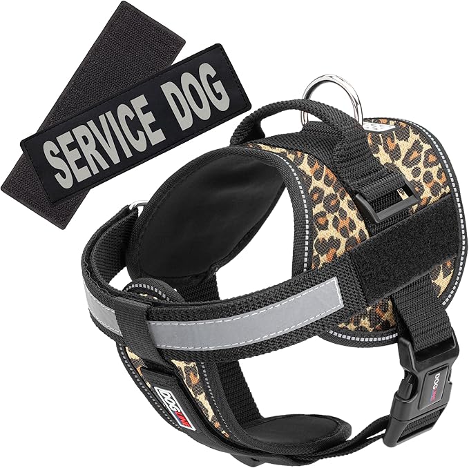 Dogline Unimax Dog Harness Vest with Service Dog Patches Reflective No-Pull, Adjustable Straps, Breathable Neoprene for Medical, Service, Identification and Training Dogs Girth 28 to 38" Leopard Brown