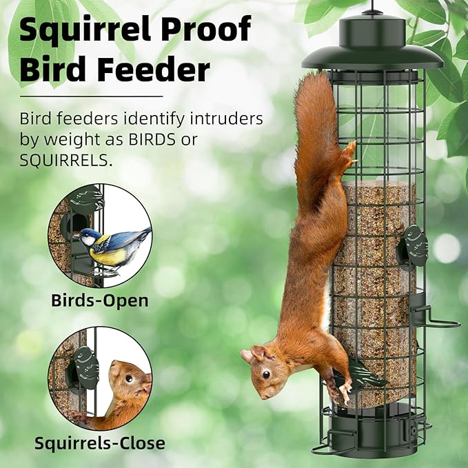 Squirrel Proof Bird Feeder,Metal Mesh Bird Feeders for Outdoors Hanging,Gravity Protection Squirrel Proof Wild Bird Feeders with Finch Cardinal Chickadee,3LB Large Capacity,Green