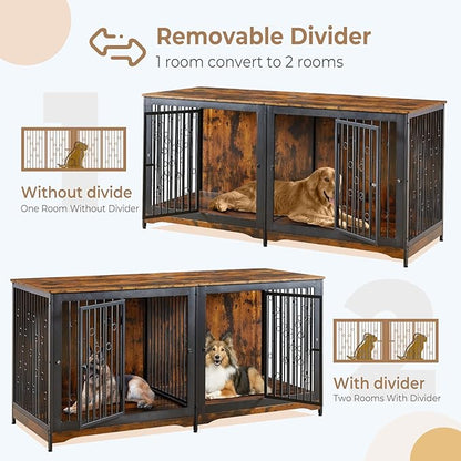 71'' Dog Crate Furniture for 2 Dogs, Wooden Double Dog Crate Large Breed with Door, XXL Indoor Dog Kennel TV Stand End Table with Divider for Large Medium Dogs, No Cushion,Brown