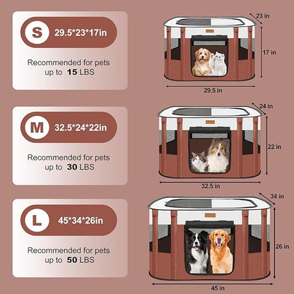 Dog Playpen - Foldable Cat Play Pens for Pubby, Kitten, Rabbit, Portable Pet Tent with Carring Bag for Indoor/Outdoor Travel Camping (Brown-Large)