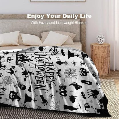 Halloween Blanket Cat Bedding Soft Warmth Flannel Throw Blankets Ghost Bat Pumpkin Blanket Gifts for Sofa Bed Couch Chair All Seasons 50"x40"
