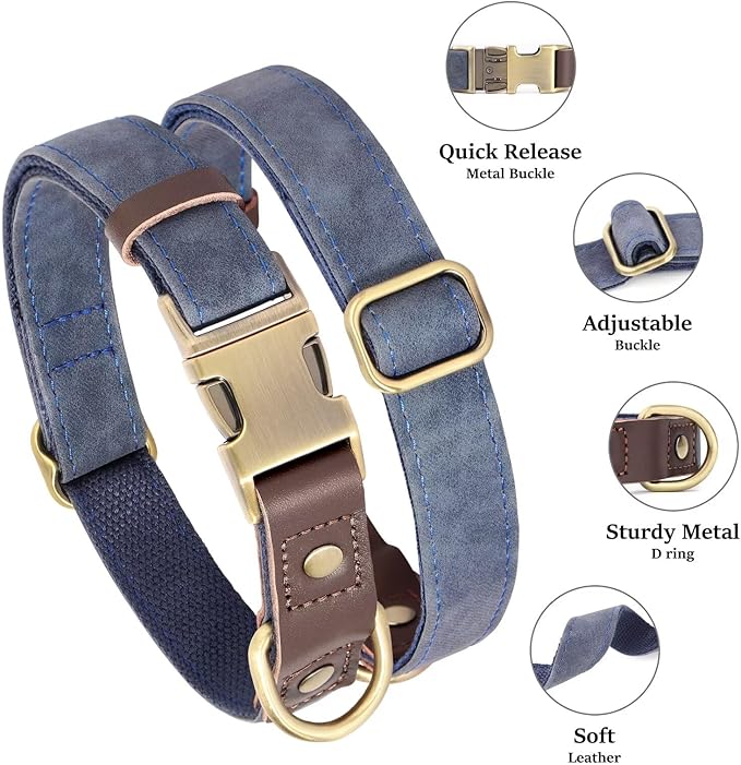 Didog Soft Padded Leather Dog Collar for Large Dogs, Classic Heavy Duty Dog Collars with Quick Release Metal Buckle, Adjustable Large Dog Collar Leather,Blue,L