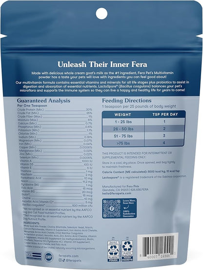 Fera Pets Goat Milk Topper - Multivitamin for Dogs & Cats with Probiotics - Supports Overall Health, Gut Health, and Immune System - for Picky Eaters - 60 TSP