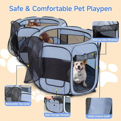 2-in-1 Dog Playpen, 58'' Pop Up Cat Puppy Pet Playpen Indoor/Outdoor Cats Enclosed, Cat Dog Tent Crate Cage Kennel, Portable Playpen for Kitten, Small Animals Play Pen(S, 58" Lx29 Wx17 H)