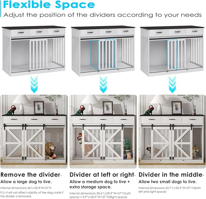 48'' Large Dog Crate Furniture with Divider and 3 Drawers, Wooden Double Dog Cage TV Stand with 2 Sliding Barn Doors, Extra Large Dog Cage Table, Sturdy Dog Kennel Indoor(White)