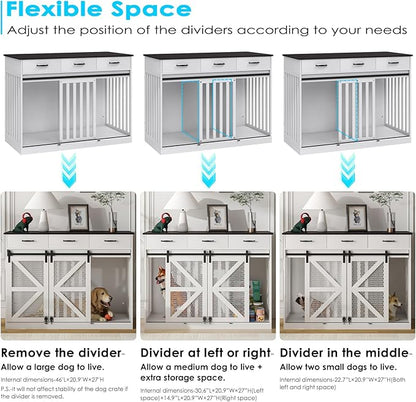 48'' Large Dog Crate Furniture with Divider and 3 Drawers, Wooden Double Dog Cage TV Stand with 2 Sliding Barn Doors, Extra Large Dog Cage Table, Sturdy Dog Kennel Indoor(White)