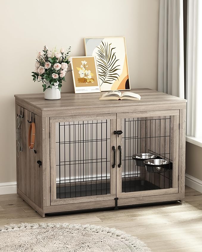 Piskyet Wooden Dog Crate Furniture with 360°Rotatable Removable Dog Bowls, Dog Crate End Table with Tray, Double Doors Dog Kennels for Dogs(XL:43.2" L*28.6" W*30.3" H, Gray)