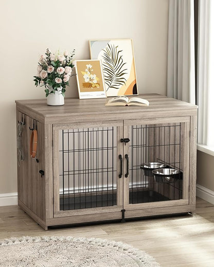 Piskyet Wooden Dog Crate Furniture with 360°Rotatable Removable Dog Bowls, Dog Crate End Table with Tray, Double Doors Dog Kennels for Dogs(XL:43.2" L*28.6" W*30.3" H, Gray)