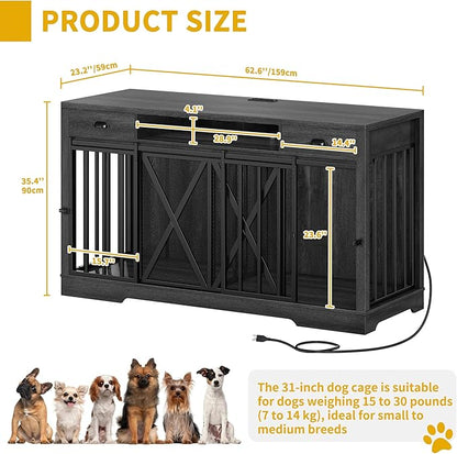 DWVO 63 Inch Double Dog Crate Furniture for 2 Dogs, Heavy Duty Wooden Dog Crate TV Stand with Charging Station, Dog Kennel Indoor Furniture Double Sliding Barn Door Design Ideal for 2 Dogs, Oak