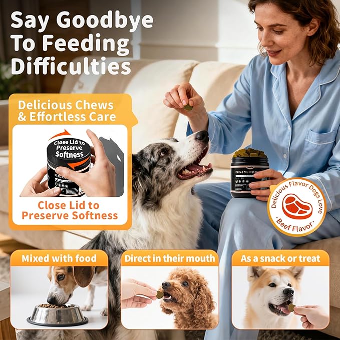 25-in-1 Dog Multivitamin Chews  All-in-One Daily Vitamins & Supplements for Dogs, Joint Support with Glucosamine MSM, Omega-3 Skin & Coat, Gut, Heart & Brain, All Breeds & Ages, Beef, 60Ct