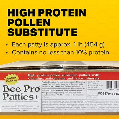 Mann Lake Bee-Pro Patties, Enhanced with Pro Health Digestive Aid, Boosts Brood Production, Protein Pollen Substitute, 10 Lbs