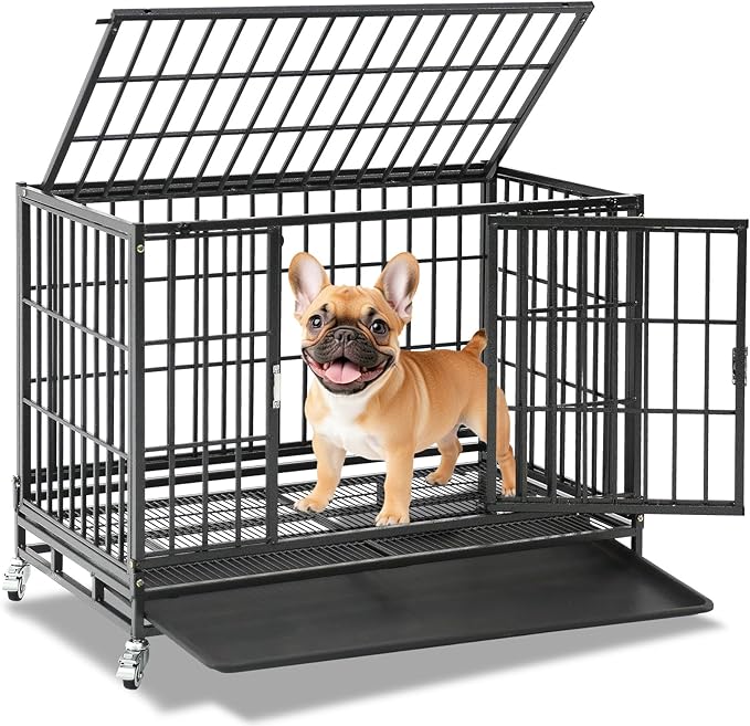 Homey Pet 37 inch Stackable Heavy Duty Dog Crate, Indestructible Escape Proof Dogs Cage Kennel with Lockable Wheels, Removable Tray & Metal Grid, Double Doors for High Anxiety Medium/Small Dogs
