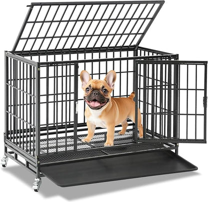 Homey Pet 37 inch Stackable Heavy Duty Dog Crate, Indestructible Escape Proof Dogs Cage Kennel with Lockable Wheels, Removable Tray & Metal Grid, Double Doors for High Anxiety Medium/Small Dogs