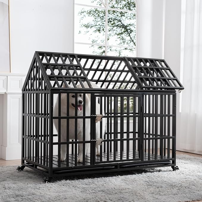 52inch Metal Heavy Duty Dog Cage with Door and Roof Doors of 2 Patent Latches,Pet Crate Doggy Kennel,w/ 2 Plastic Pans & 4 Lockable Caster Wheels,for Large or Medium Size Pets,Black