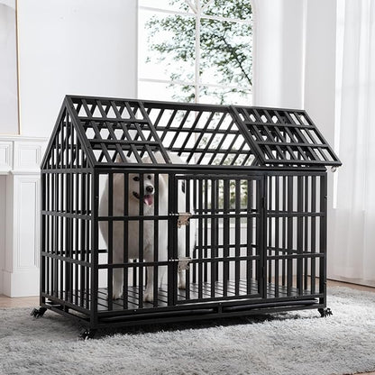 52inch Metal Heavy Duty Dog Cage with Door and Roof Doors of 2 Patent Latches,Pet Crate Doggy Kennel,w/ 2 Plastic Pans & 4 Lockable Caster Wheels,for Large or Medium Size Pets,Black