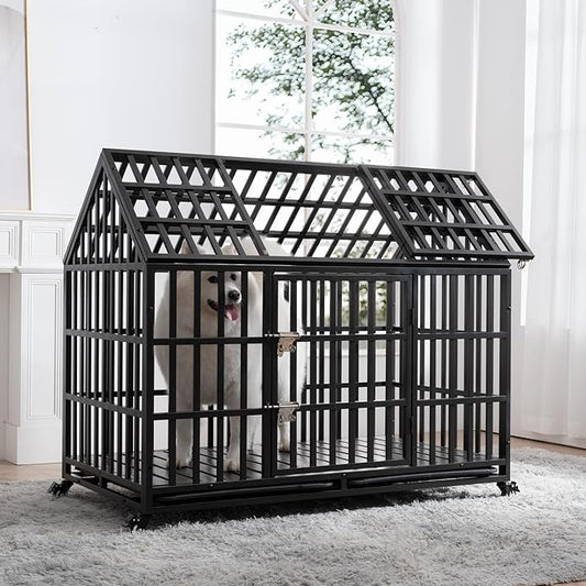 52inch Metal Heavy Duty Dog Cage with Door and Roof Doors of 2 Patent Latches,Pet Crate Doggy Kennel,w/ 2 Plastic Pans & 4 Lockable Caster Wheels,for Large or Medium Size Pets,Black