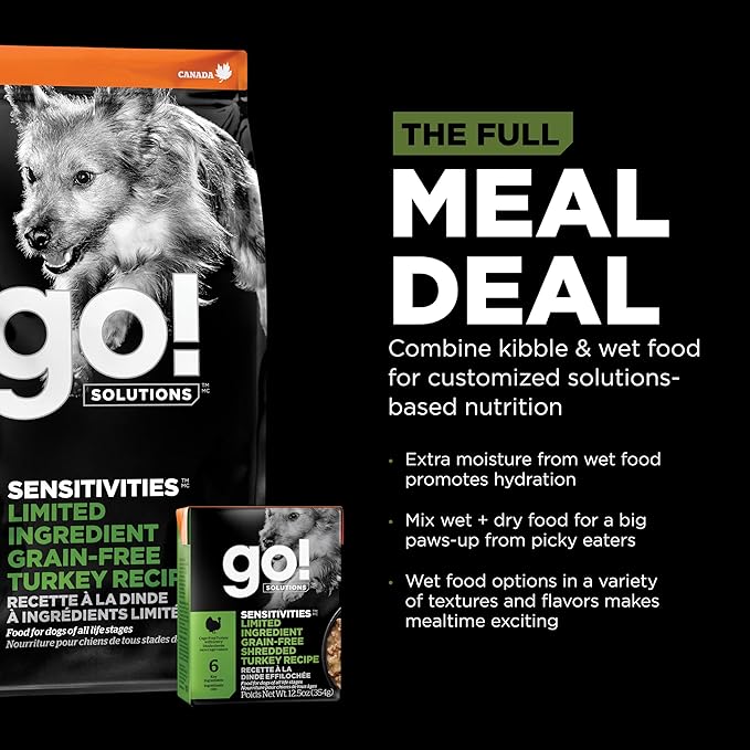 Go! Solutions Sensitivities Limited Ingredient, Grain-Free Wet Dog Food, Shredded Turkey Recipe for Sensitive Stomach, 12.5 oz