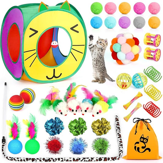 37 PCS Interactive Kitten Toys for Indoor Cats - Variety Set With Collapsible Tunnel Tube Tent, Feather Teaser Wand, Bell, Fuzzy Ball, Spring, Mouse, and Catnip