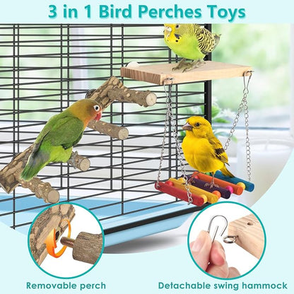 3in1 Bird Chewing Toys for Small Animal, Wooden Ladder Perch for Cage, Parrot Platform Colourful Swing Hammock Bridge Climbing Exercise Cage Accessories for Budgies Cockatiels Lovebirds Hamster