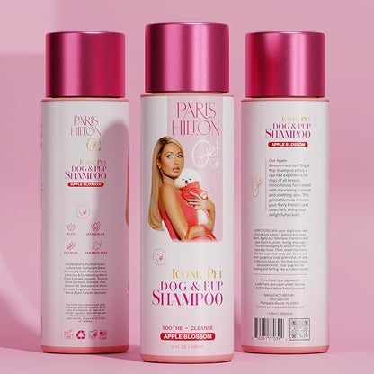 Paris Hilton Dog Shampoo - Sweet Floral Apple Blossom Scent, Sulfate-Free Vegan & Hypoallergenic for All Dog Breeds, with Oatmeal & Aloe for Healthy Coats & Salon-Quality Grooming, 16oz (480ml)