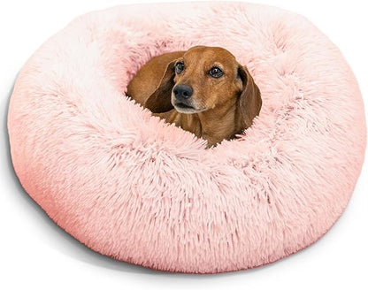 Best Friends by Sheri Original Calming Donut Dog and Cat Bed, Shag Faux Fur, Cotton Candy Pink, (23in x 23in) - Anxiety Relief for Pets Up to 25 lbs