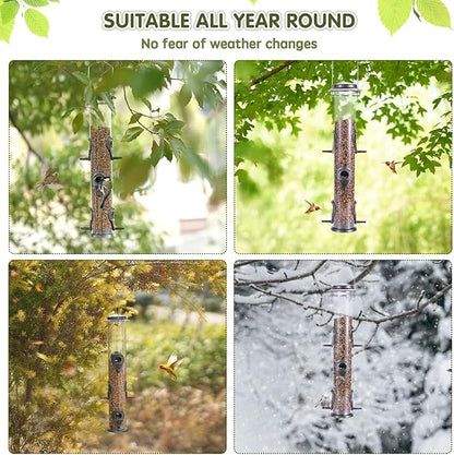 MIXXIDEA Metal Wild Bird Feeder, Squirrel Proof, Hanging 6 Port Tube Transparent Finch Feeder for Attracting Birds in Lawn, Garden, Balcony - Gray