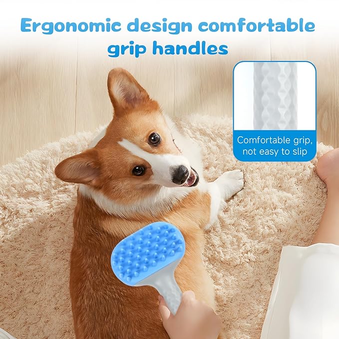 2 in 1 Dog Bath Brush, Soft Silicone Grooming Brush with Handle Shampoo Dispenser Shower Brush for Short Long Hair Dogs Cats Washing Massaging (Blue)