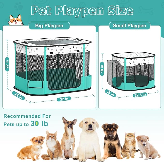 Portable Cat Playpen, Foldable Pet Dog Playpen with Pet Pee Pad, for Kitten Puppy Play Pen Indoor/Outdoor, Cats Enclosure Cages Tent with Carrying Case, 600D Oxford 8-Rods, 32"x24"x22"