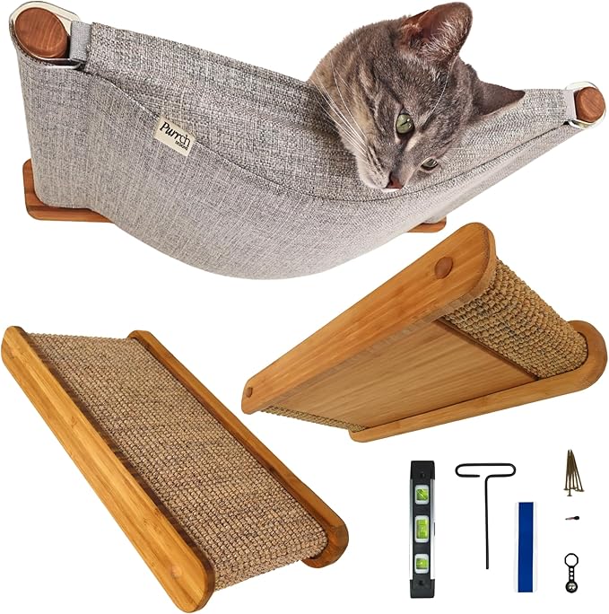 The Play Series – Wall-Mounted Cat Hammock & Two Sisal-Wrapped Shelves – Built for Climbing, Lounging, Scratching, and Play – for Playful, Happy Cats – Modern Bamboo Cat Furniture
