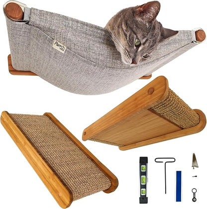 The Play Series – Wall-Mounted Cat Hammock & Two Sisal-Wrapped Shelves – Built for Climbing, Lounging, Scratching, and Play – for Playful, Happy Cats – Modern Bamboo Cat Furniture