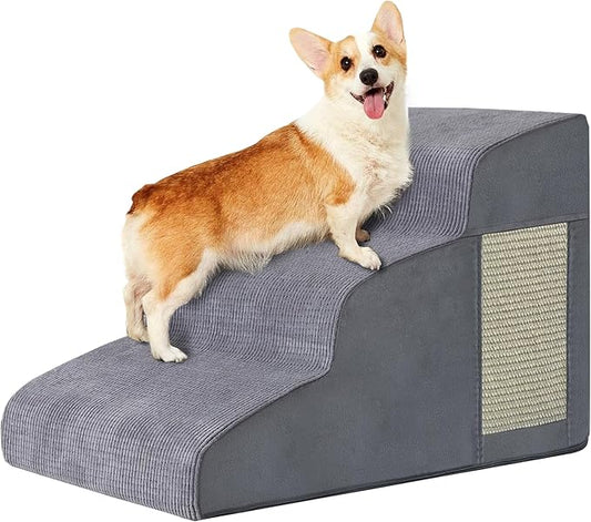 Pet Stairs, Dog Stairs for Small Dogs, Dog Steps, 3-Step Curved Dog Ramp for Bed, Couch, Sofa, Car and Chairs, Non-Slip Bottom Design, Cat Scratching Board, High Density Foam Portable Pet Step, Grey