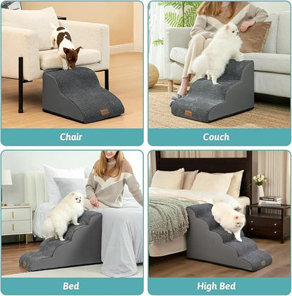 Dog Stairs for Small Dogs, Curved Pet Step with Leakproof Cover, High Density Foam Cat Ramp for Bed or Sofa, Lightweight, Durable, Comfort, 15.7x22.4x15.7 inch, 3 Tiers, Dark Grey