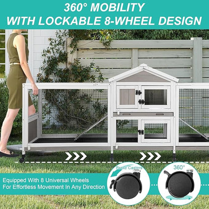 2-Tier Rabbit Hutch with Wheels, Indoor & Outdoor Small Animal Cage with Deep Pull-Out Tray, Anti-Chew Frame, Habitat for Bunny, Guinea Pig, Chinchilla (93" L x 19" W x 35" H)