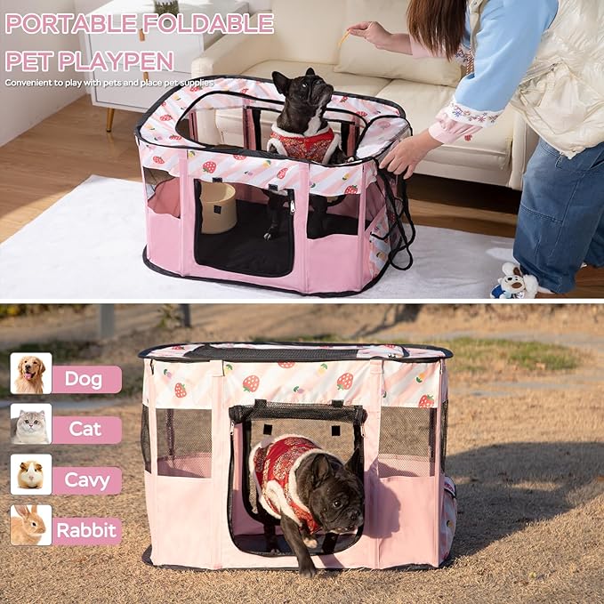 Portable Foldable Pet Playpen Collapsible Crates Kennel Playpen for Dog cat and Rabbit &Travel playpen Outdoor or Indoor (M, Pink)