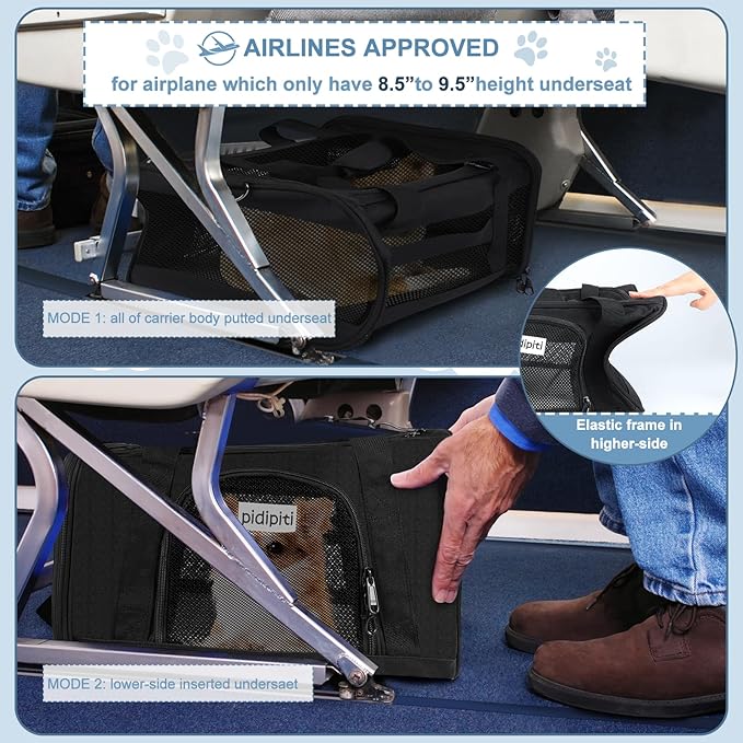 17 x 12 x 8.5 TSA Approved pet Carrier for Extra-Small Dog Under 6-8 lbs and Small cat Under 8-10 lbs,10.5'' Higher Side with Elastic Frame to Putted underseat for jetblue Spirit Airlines.