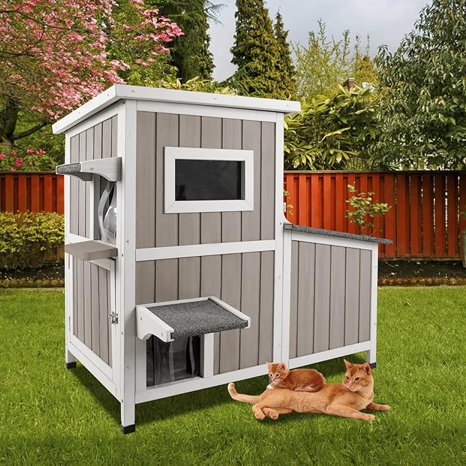 36.1" L Outdoor Cat House,2 Story Wooden Outdoor Cat Shelter with 3 Escape Doors,Weatherproof Fir Wood Feral Cat House with 2 Big Rest Room & Openable Asphalt Roof for 2-3 Cats