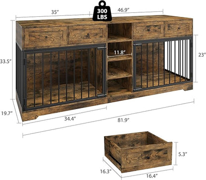IDEALHOUSE 82” Large Dog Crate for 2 Dogs, Dog Kennel Indoor with 4 Drawers and Shelves, Double Dog Crate Furniture TV Stand, Wooden Heavy Duty Dog Crate for Medium Large Dogs, Rustic Brown