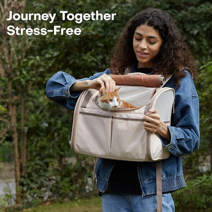 FUKUMARU Cat Backpack Carrier, Expandable Small Pet Carriers for Cats with 4 Pockets, Hiking Travel Carrier Bag for Small Animal, Airline Approved Cat Carrier with Rollable Cover for Nervous Cat, Pink