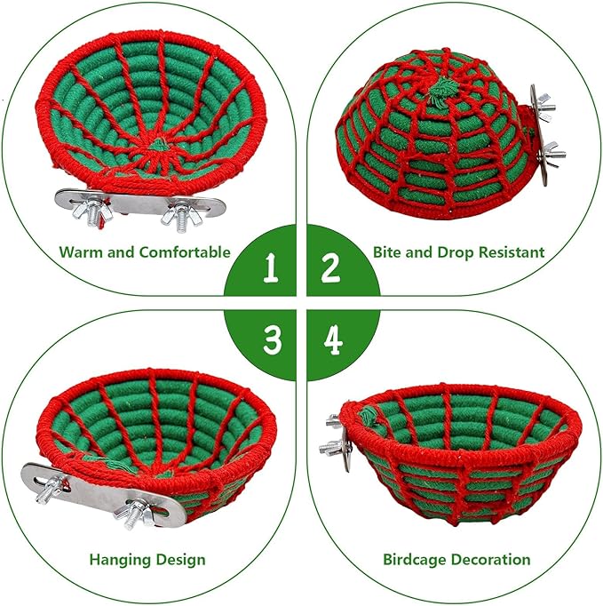 Bird Nest for Cage,Parrot Breeding Nest,Handwoven Cotton Rope Parakeet Bed,Canary Nesting House for Budgie,Finch,Cockatiel,Conure,Lovebird, Small Birds,Red&Green