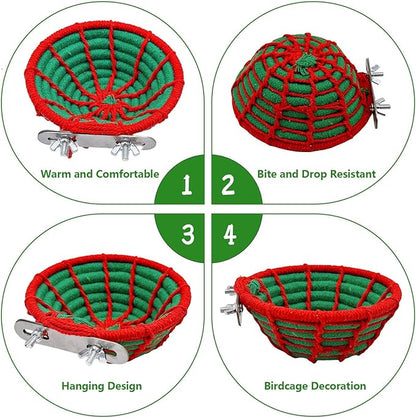 Bird Nest for Cage,Parrot Breeding Nest,Handwoven Cotton Rope Parakeet Bed,Canary Nesting House for Budgie,Finch,Cockatiel,Conure,Lovebird, Small Birds,Red&Green