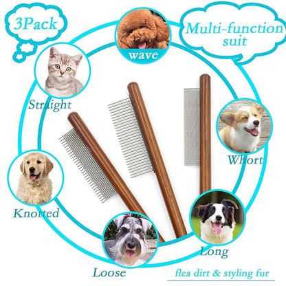 5-piece pet grooming set - solid wood hair removal brush with metal comb - hair removal comb, smoothing brush, and steel comb, used for combing and removing long and tangled hair on cats and dogs