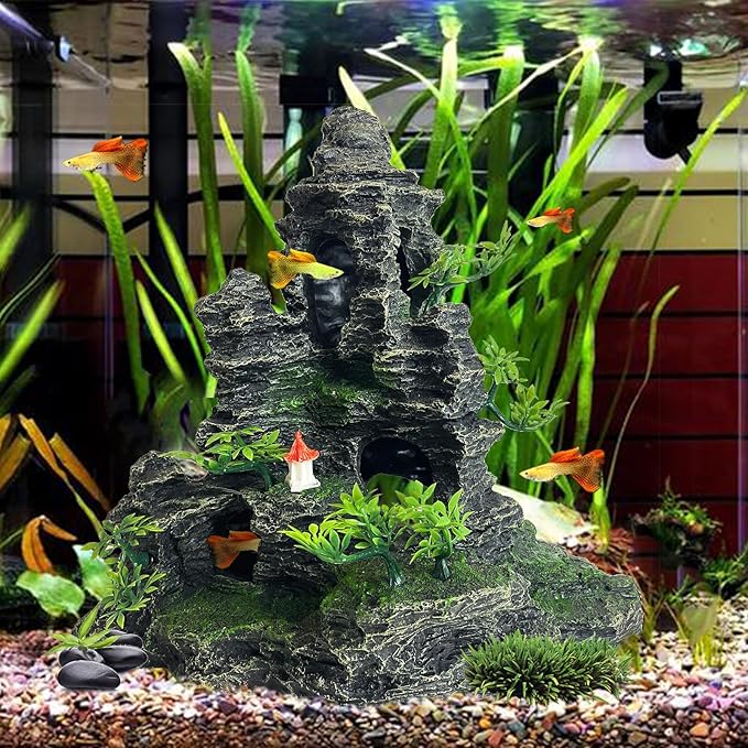 Aquarium Decoration Large and Tall for Fish Tank Rock Thematic Ornaments Aquarium Mountain View Stone Ornaments Aquarium Decor Tree House Cave Fish Tank Decorations - Extra Large
